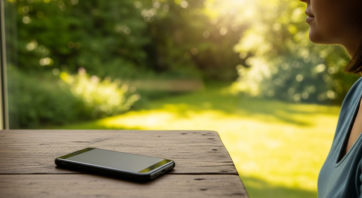 Phone face down on a wooden table beside a plant, natural light