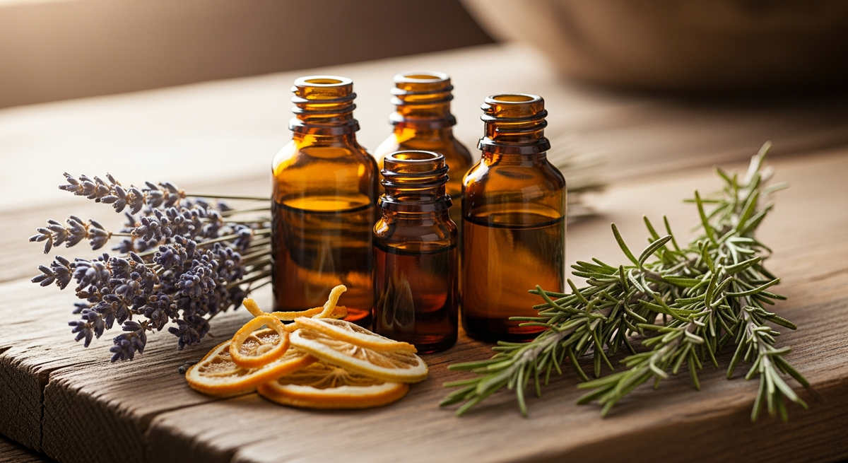 A diffuser releasing aromatic mist with essential oil bottles nearby