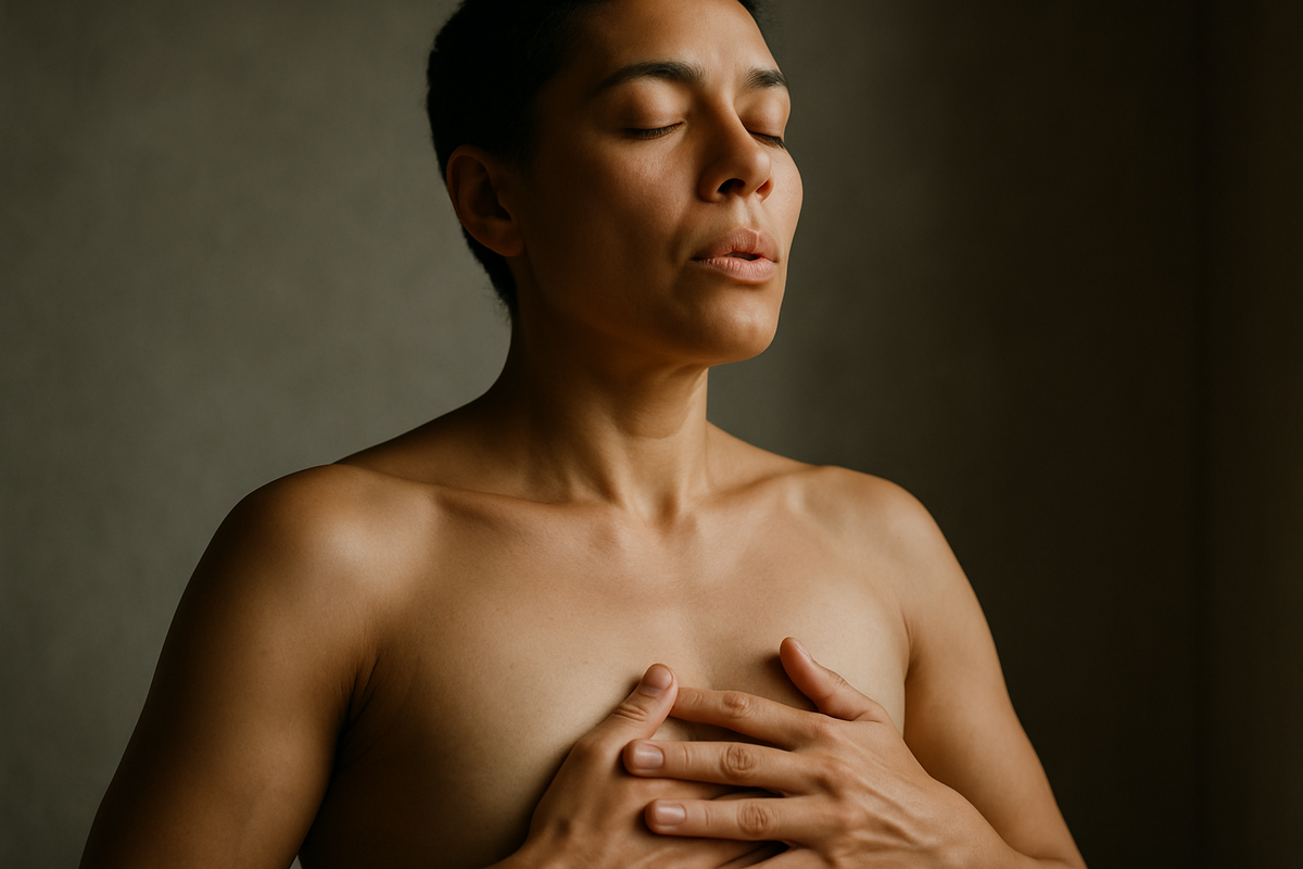 Person seated in meditation posture, practising conscious breathing outdoors