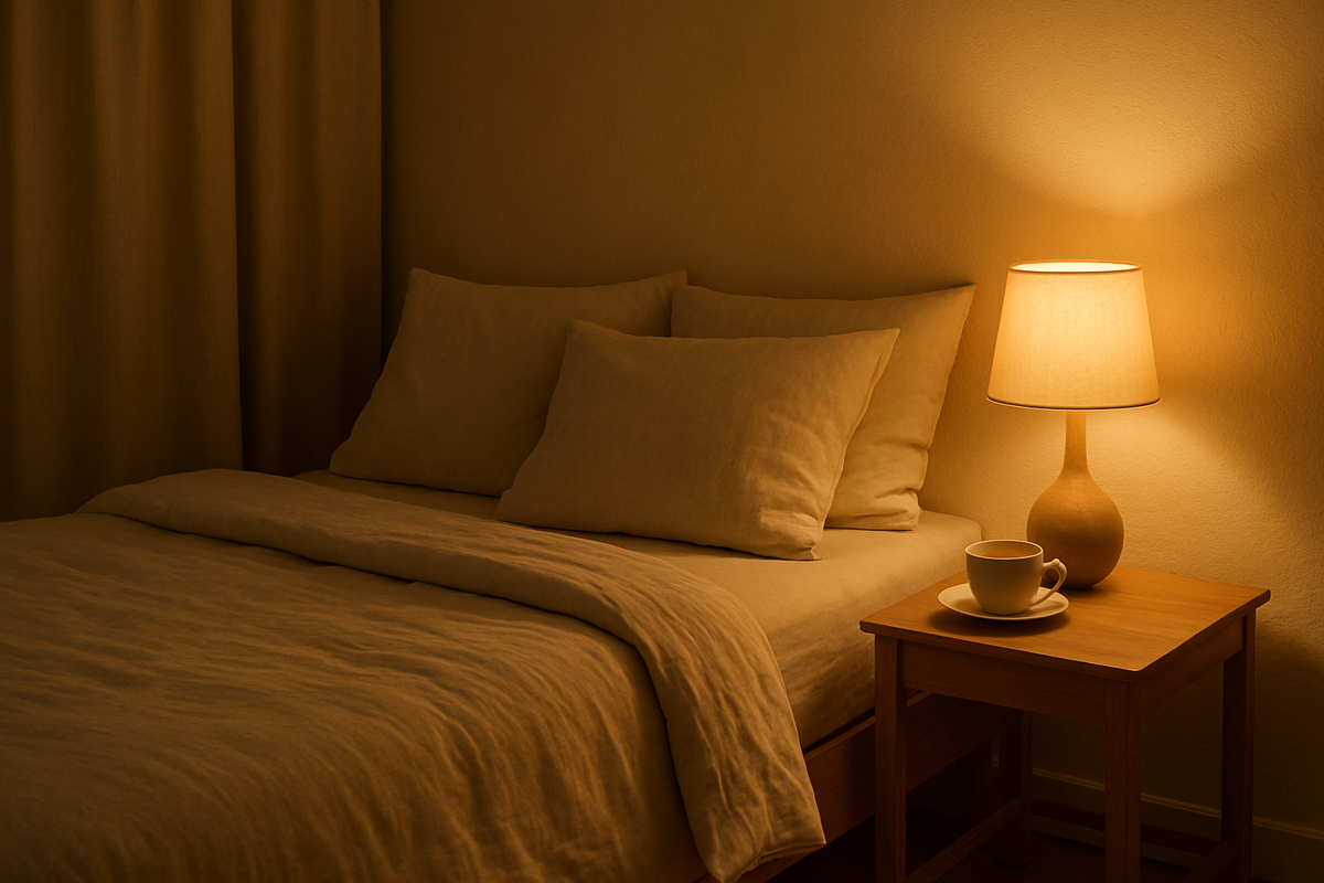 A peaceful bedroom environment optimised for sleep, soft lighting and calm decor