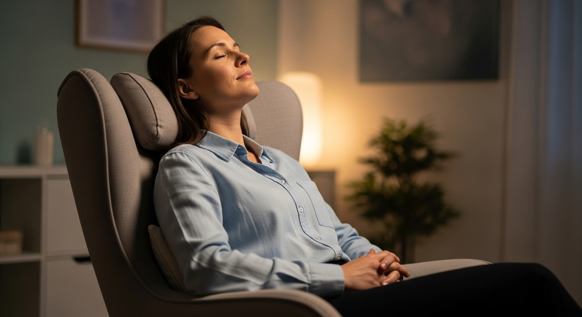 A person in a deeply relaxed reclining position during a hypnotherapy session