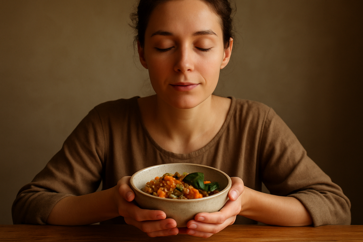 A person eating a meal slowly and attentively, without any screens present