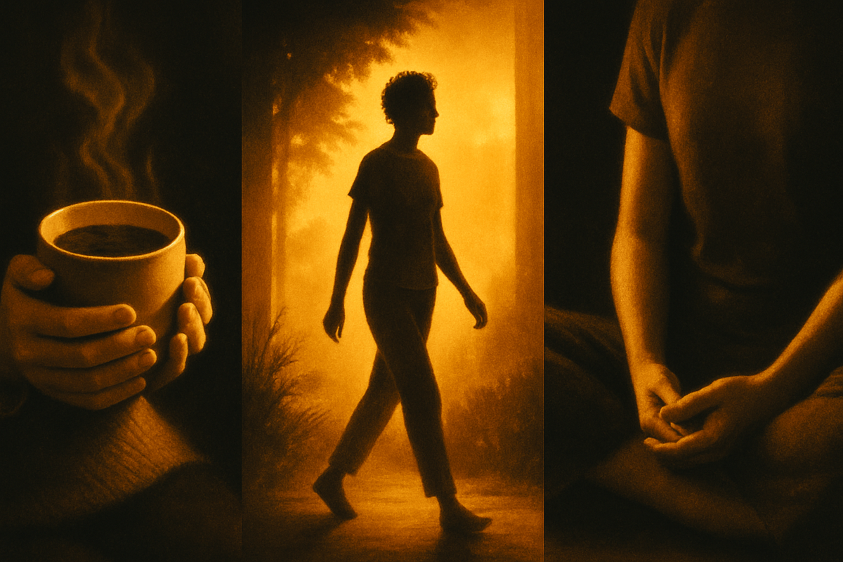 A warm lifestyle illustration of mindfulness woven through daily life: morning coffee, mindful walking, and hands resting in meditation