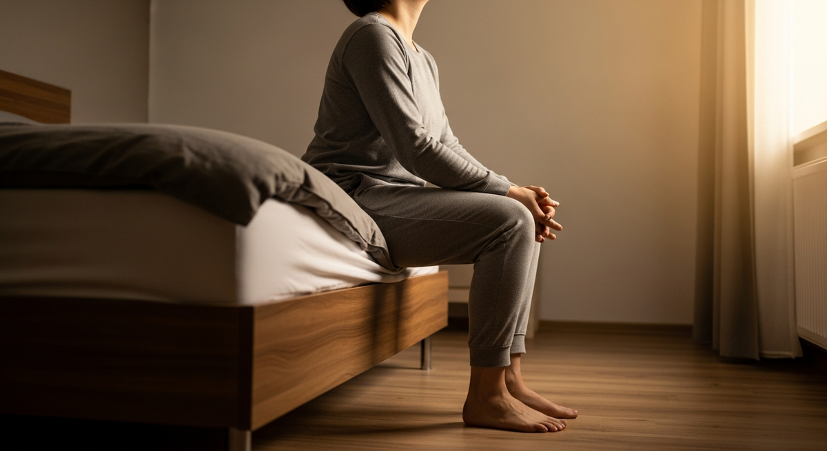 Person sitting quietly by a window in morning light, hands around a warm cup