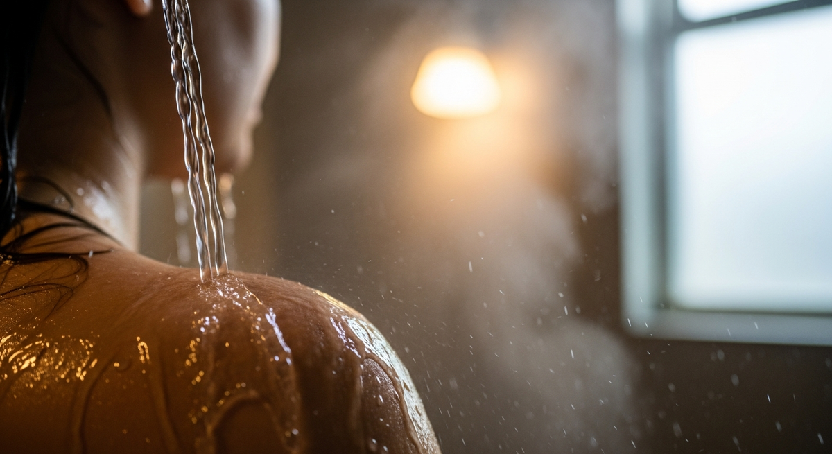 Warm water falling from a shower head with steam rising in soft bathroom light