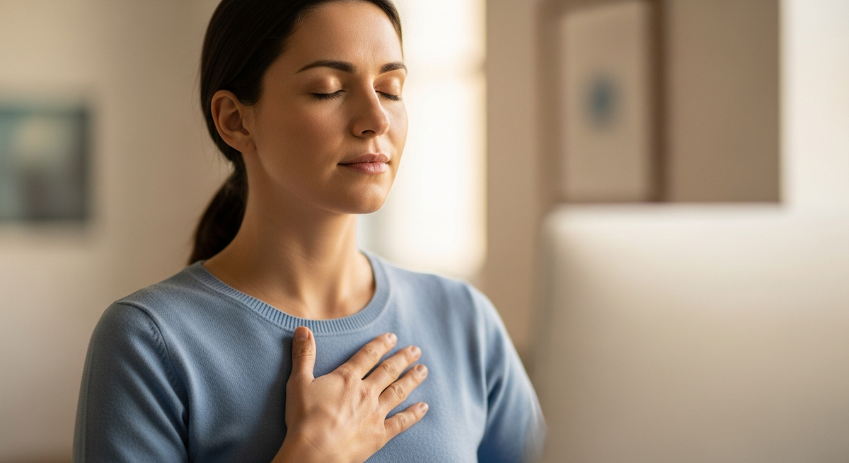 A person pausing at a desk, eyes gently closed, one hand resting on their chest