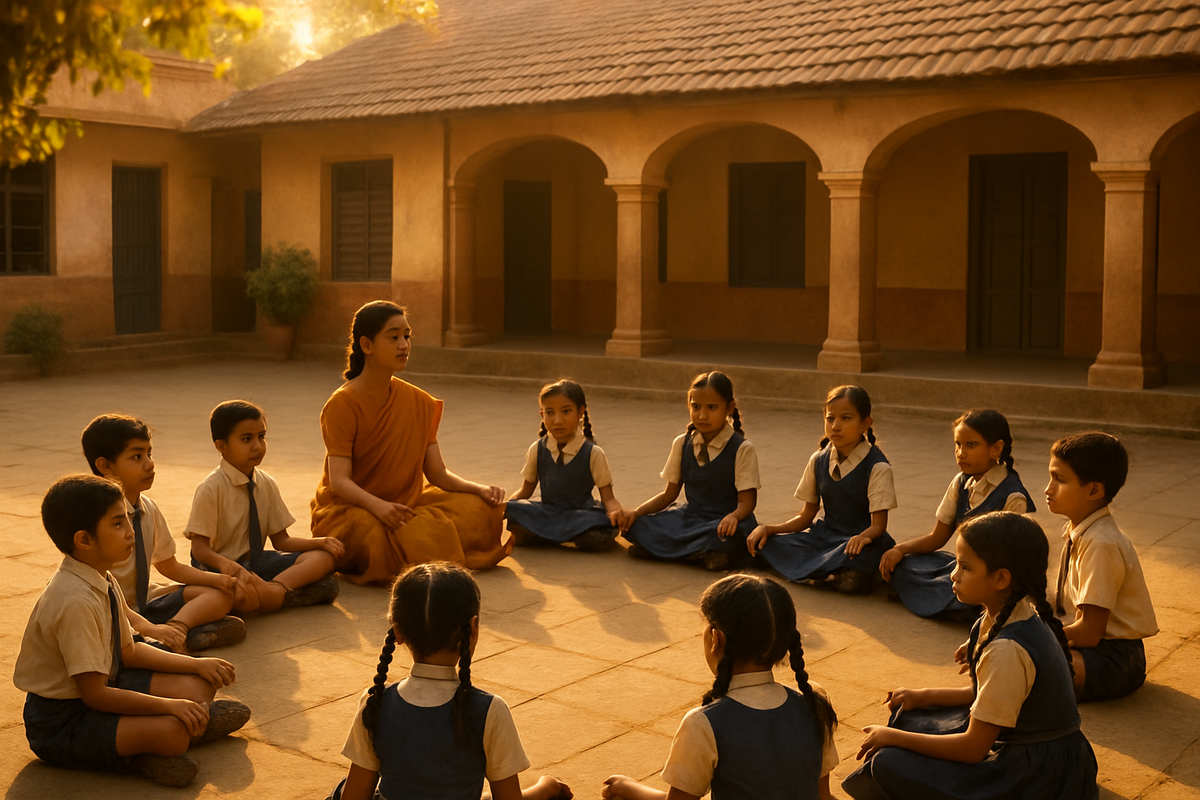 Students practising mindfulness in an Indian classroom