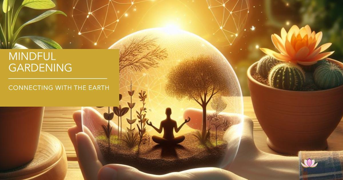 Hands tending a plant in a peaceful garden with mindful attention