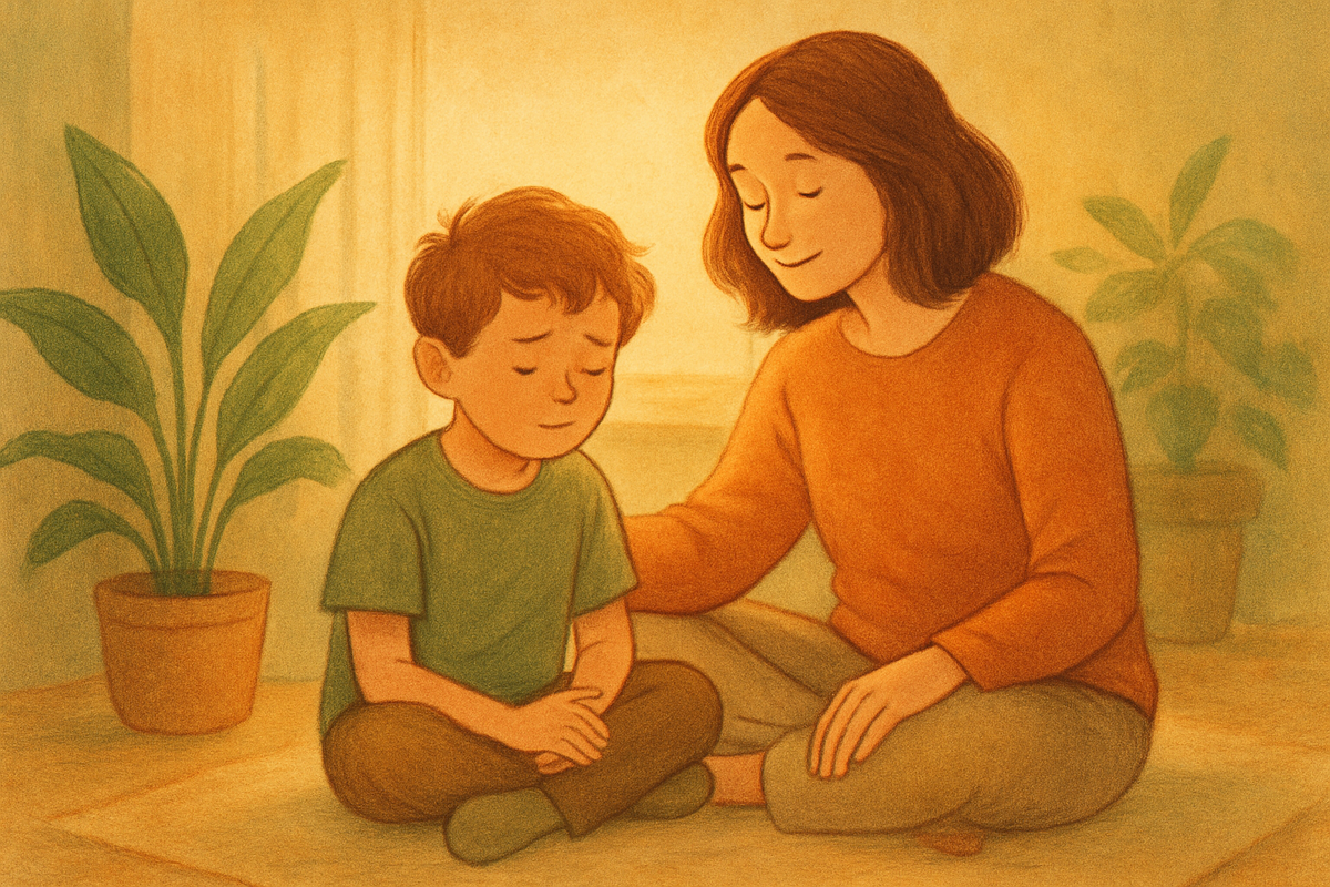 A parent and child sitting together in calm, warm surroundings — the child's expression shifting from worry to calm