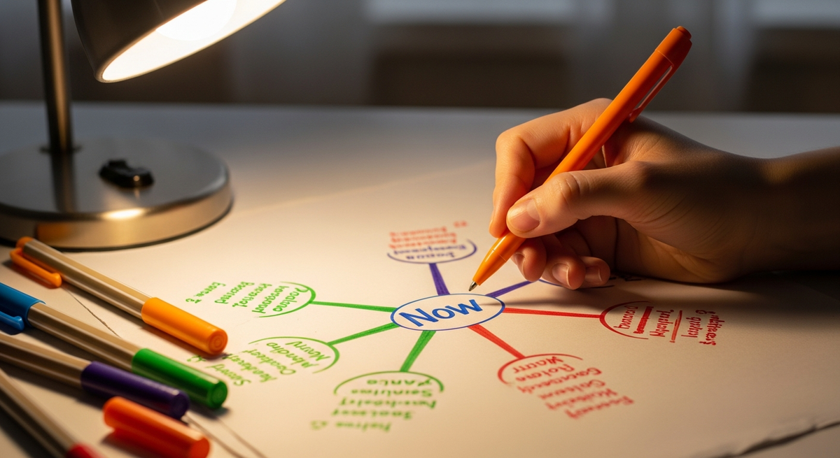 A hand-drawn mind map on paper with branches radiating from a central circle, surrounded by coloured pens