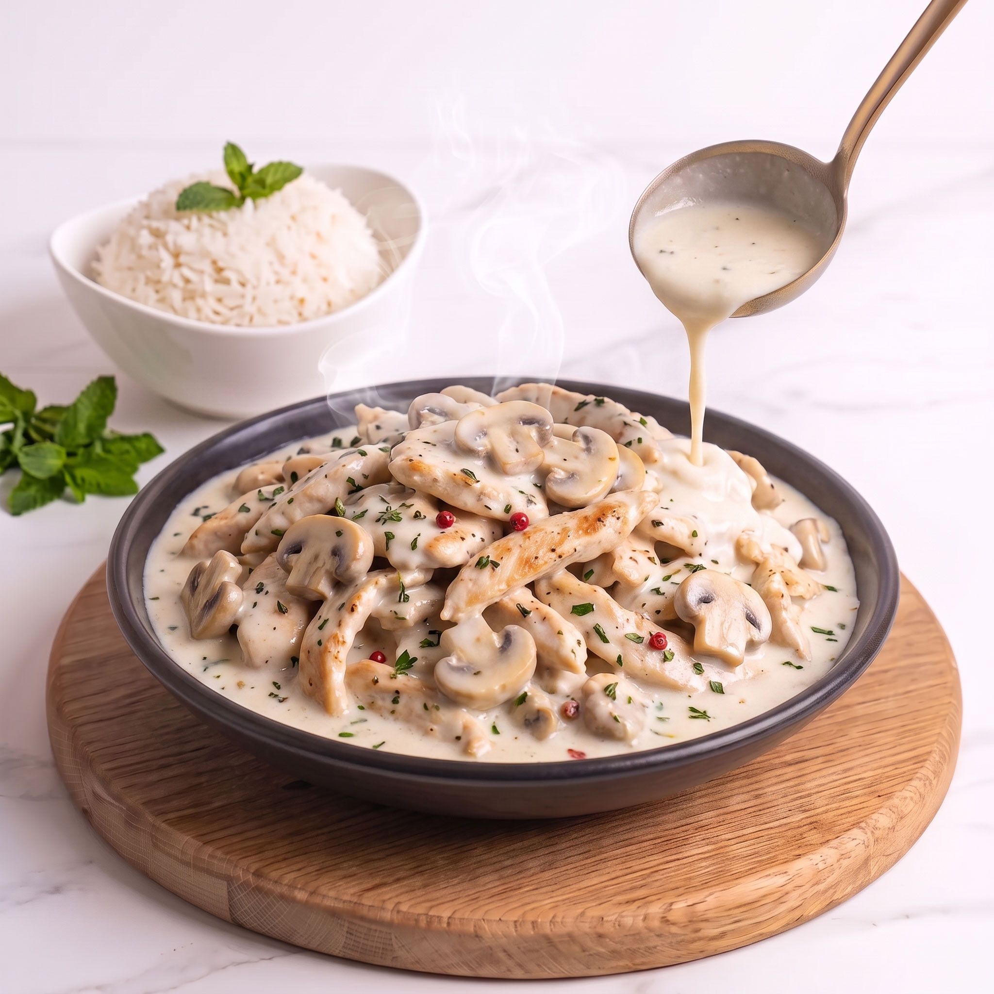 ستيك دجاج بصوص الكريمة البيضاء والفطر