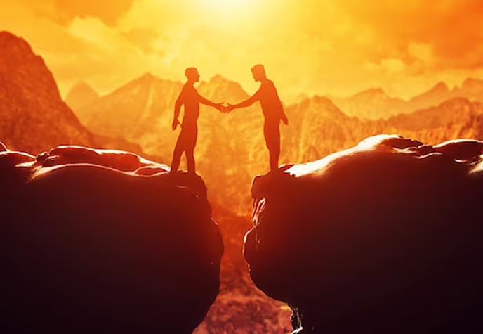 Two people shaking on rocks