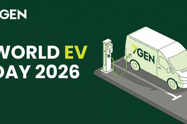 World EV Day 2026 cover image, a 7Gen electric van charging at a depot, marking Canada's fleet electrification progress.
