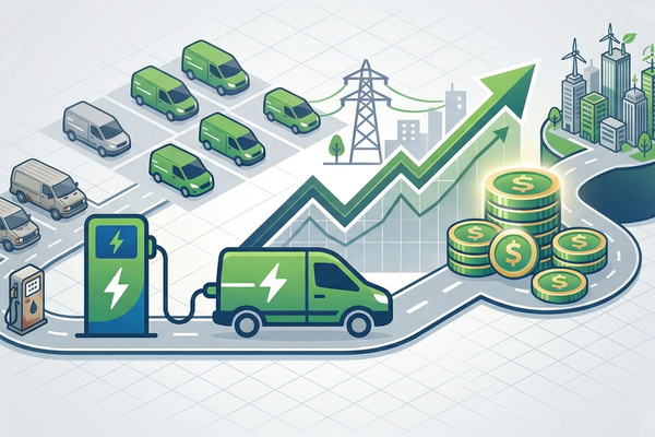 Electric delivery van at charging station with rising ROI, representing fleet electrification savings.