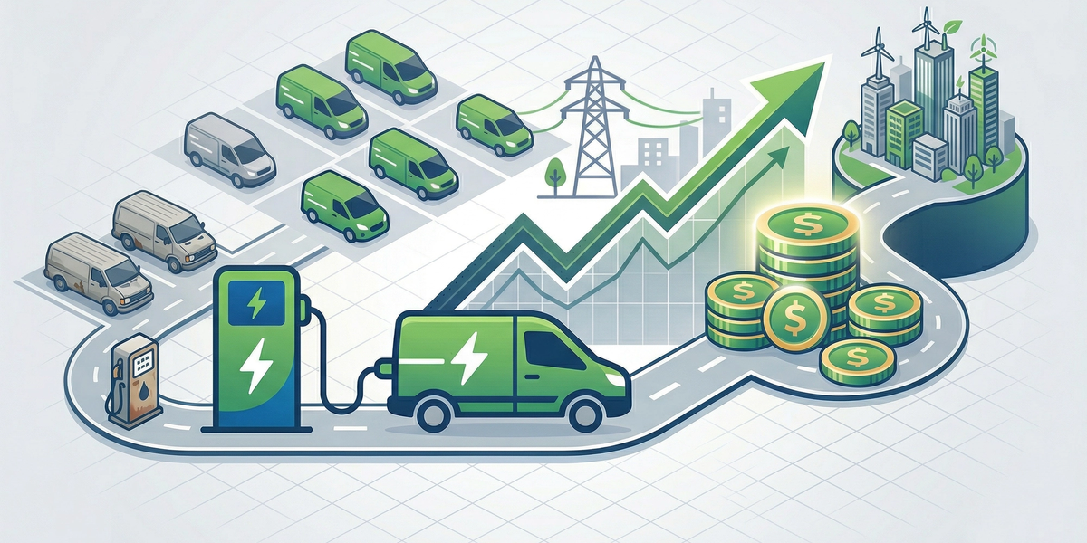 Electric delivery van at charging station with rising ROI, representing fleet electrification savings.