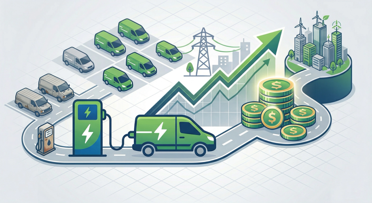 Electric delivery van at charging station with rising ROI, representing fleet electrification savings.