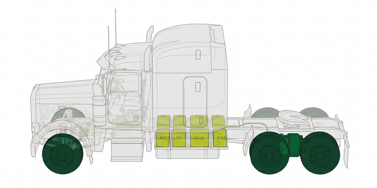 Electric semi truck battery pack and motor cutaway 