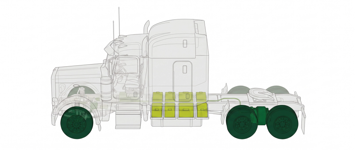 Electric semi truck battery pack and motor cutaway