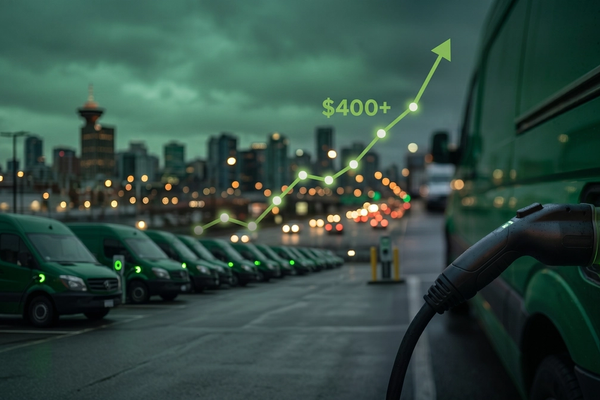 A line of electric vans charging at a depot, with a rising line graph above them.