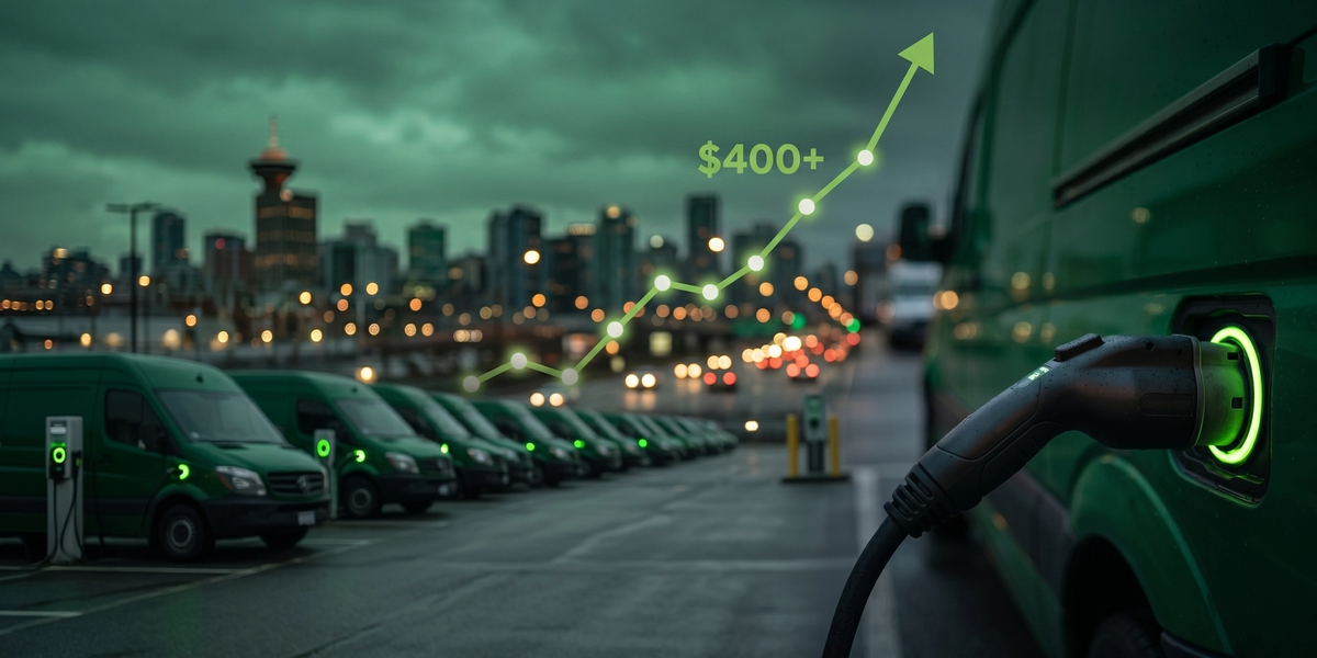 A line of electric vans charging at a depot, with a rising line graph above them.