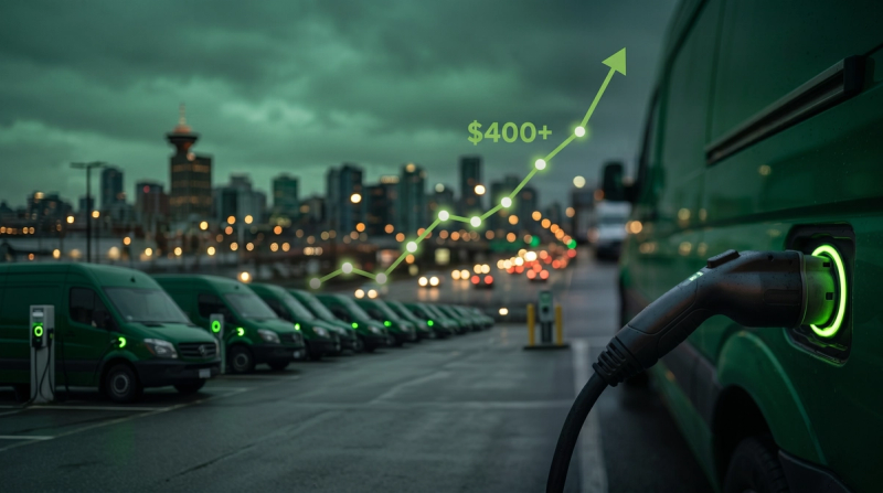 A line of electric vans charging at a depot, with a rising line graph above them.