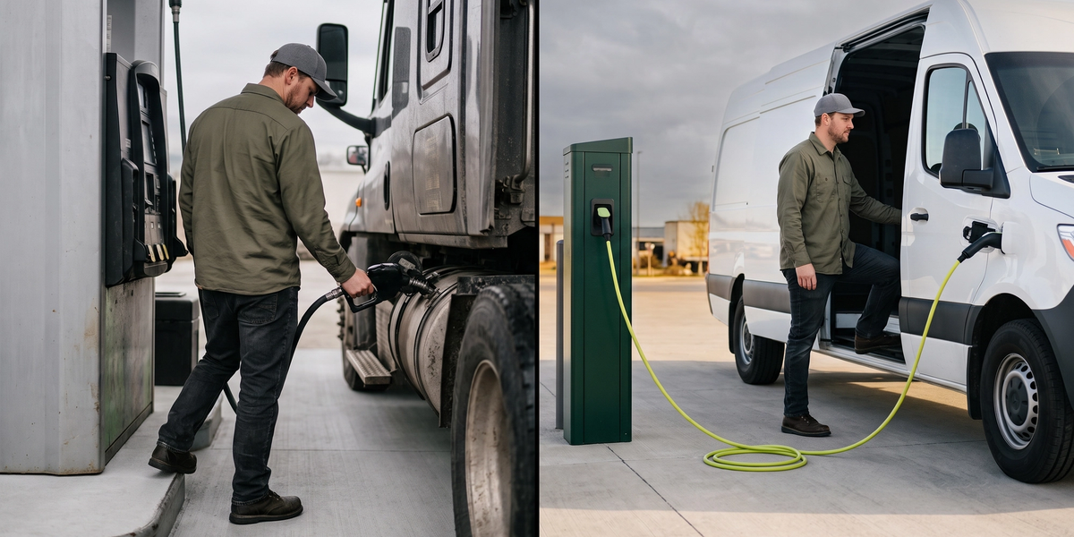EV van charging vs. diesel truck fuelling.