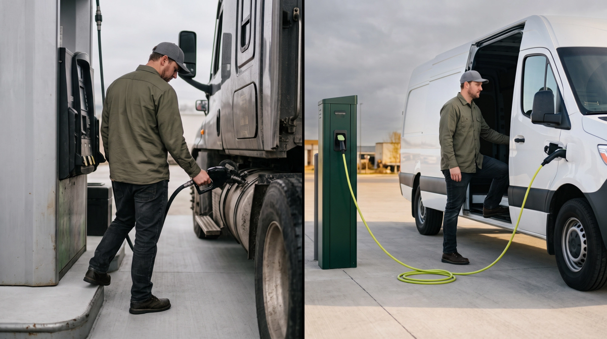 EV van charging vs. diesel truck fuelling.