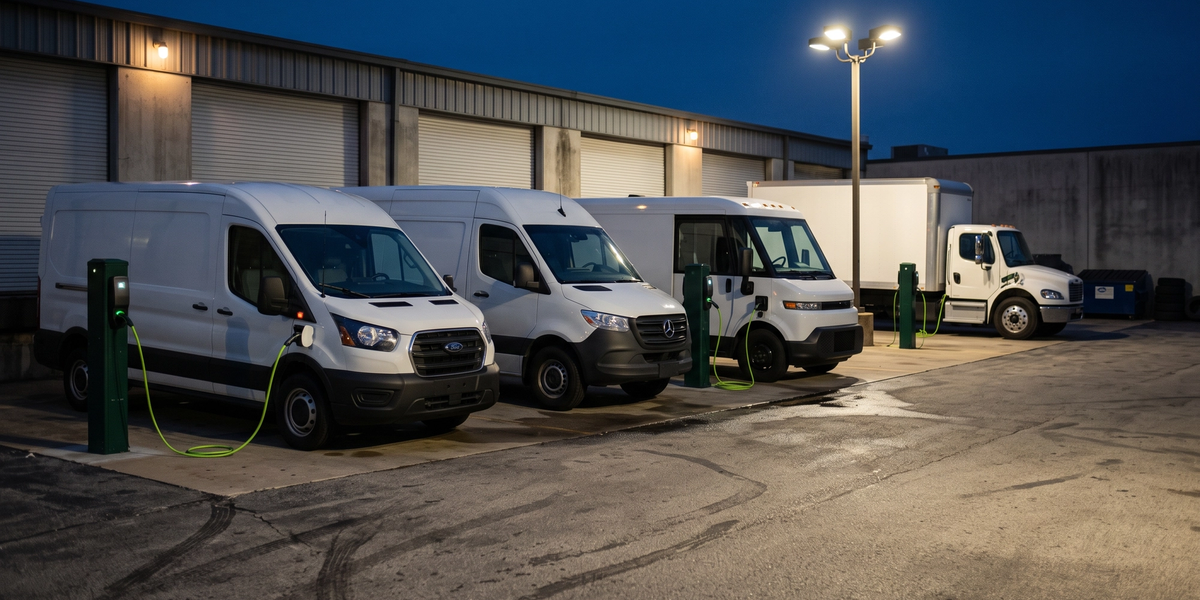 Electric fleet charging at a depot overnight.