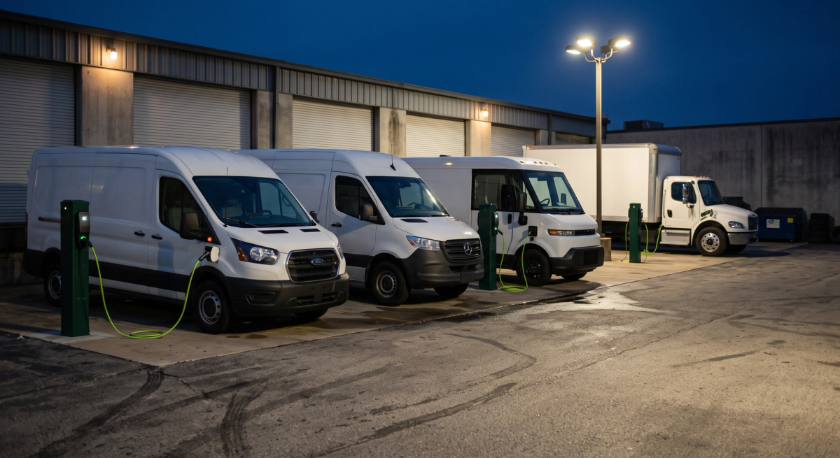 Electric fleet charging at a depot overnight.
