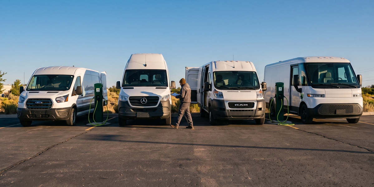 Four electric cargo vans charging at a depot.