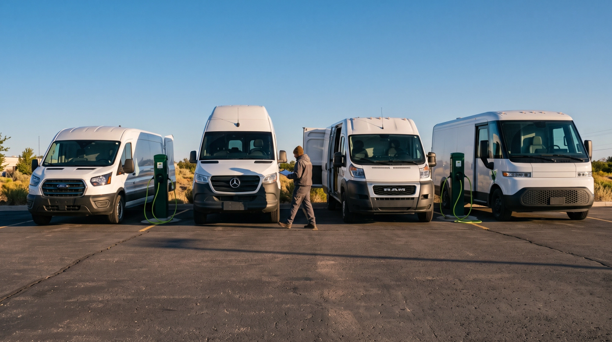 Four electric cargo vans charging at a depot.