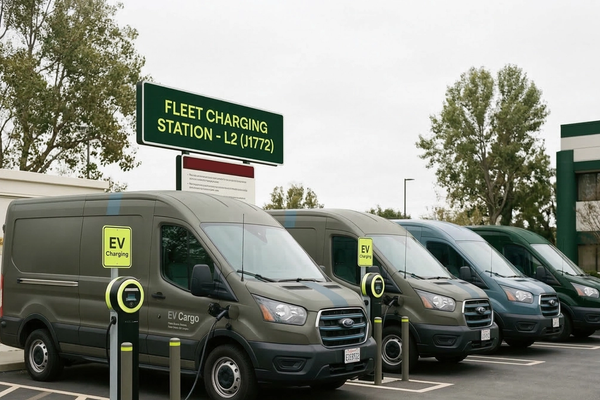 A fleet of electric cargo vans charges at a depot