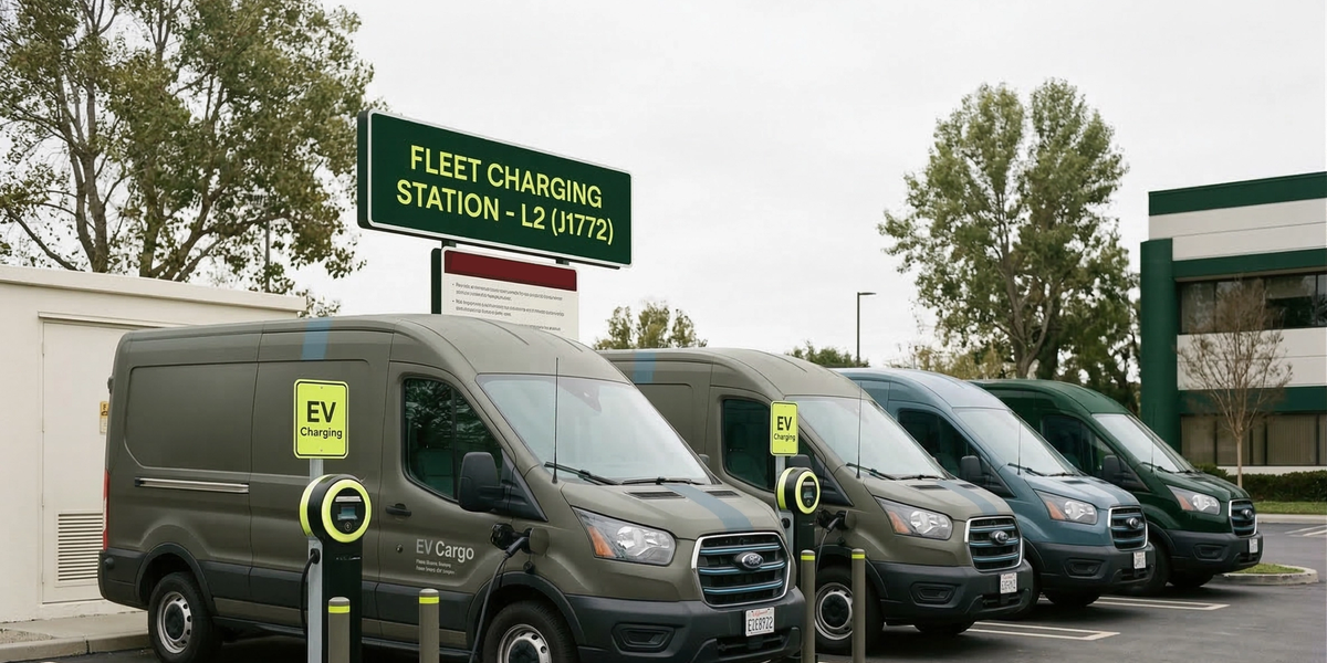 A fleet of electric cargo vans charges at a depot
