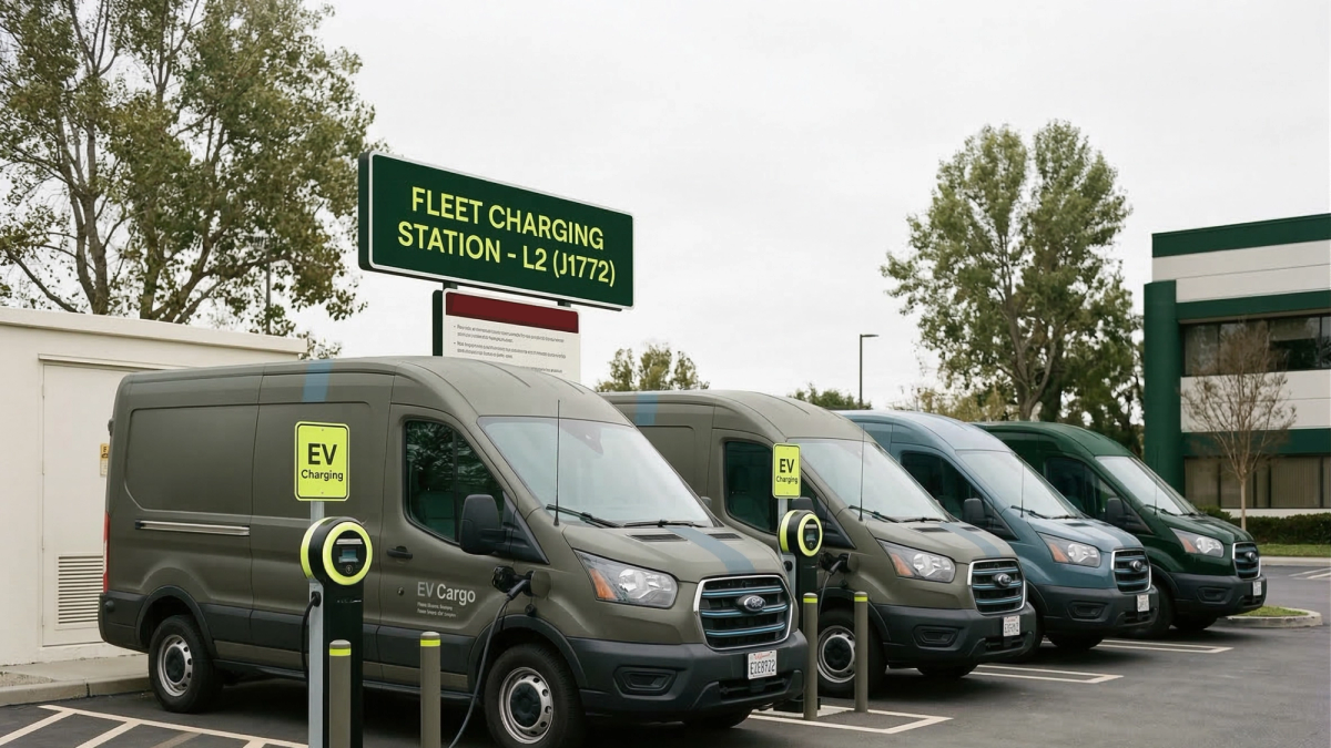 A fleet of electric cargo vans charges at a depot