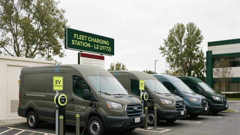 A fleet of electric cargo vans charges at a depot