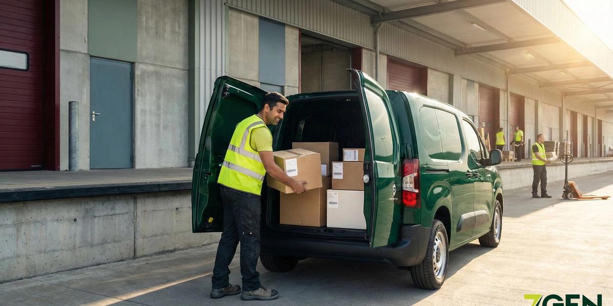A last mile delivery driver loads packages into his EV cargo van.