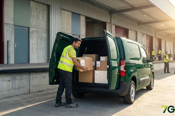 A last mile delivery driver loads packages into his EV cargo van.