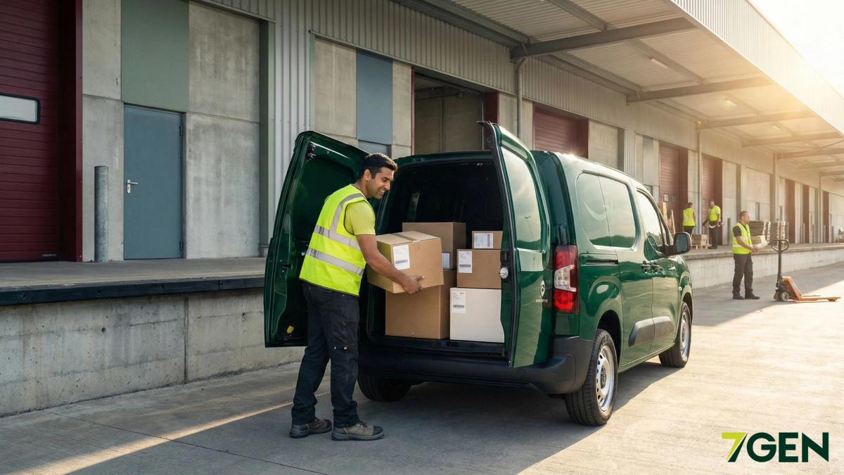A last mile delivery driver loads packages into his EV cargo van.