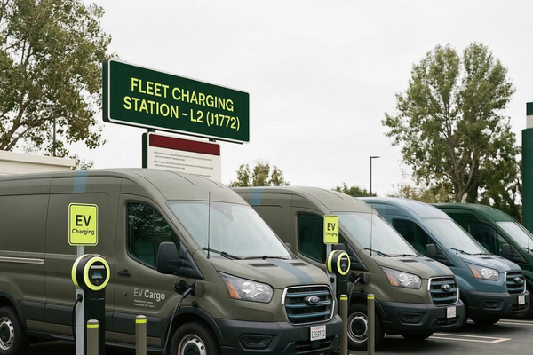 Une flotte de camionnettes de livraison électriques se recharge dans un dépôt