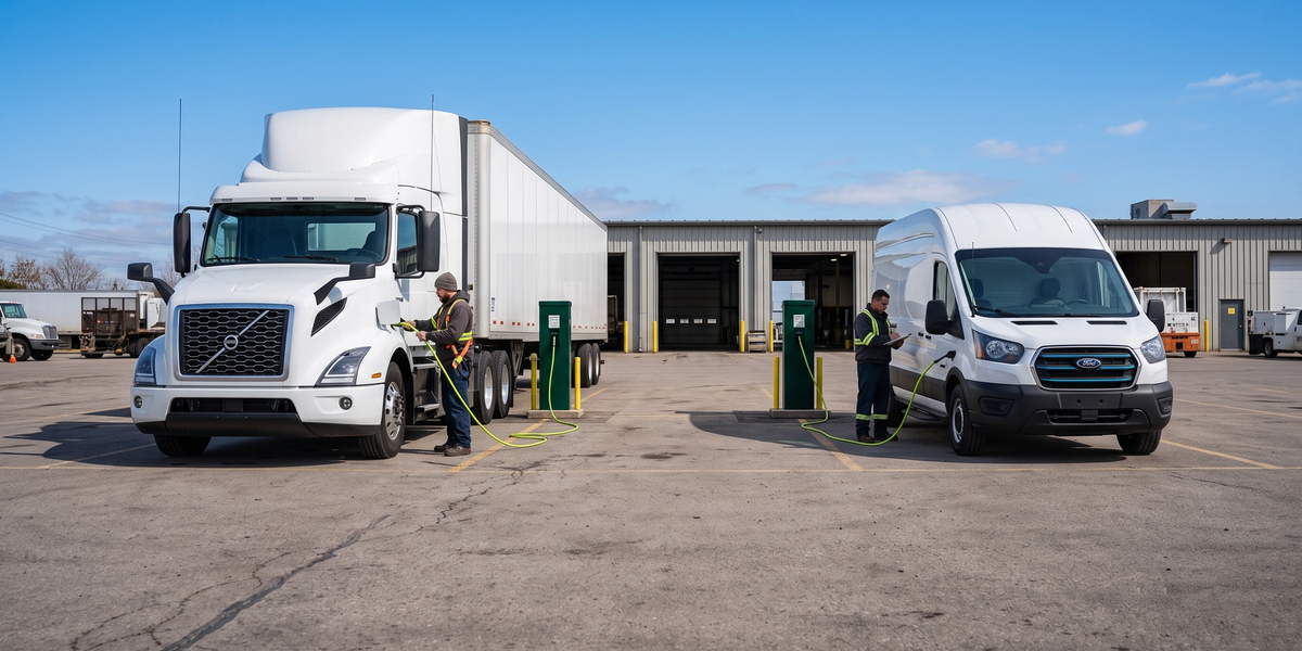 Electric semi-truck and cargo van charging at a depot.
