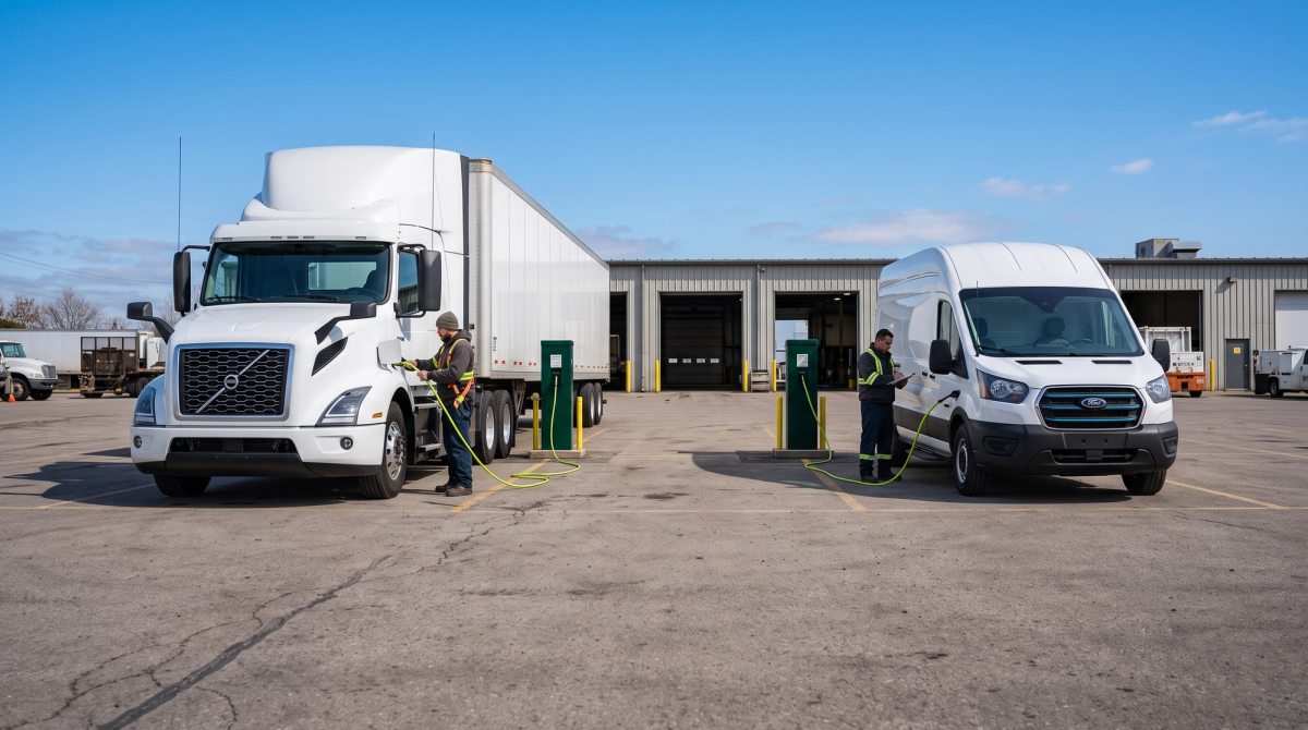 Electric semi-truck and cargo van charging at a depot.