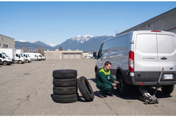 Professional technician performing a tire change at a service center.