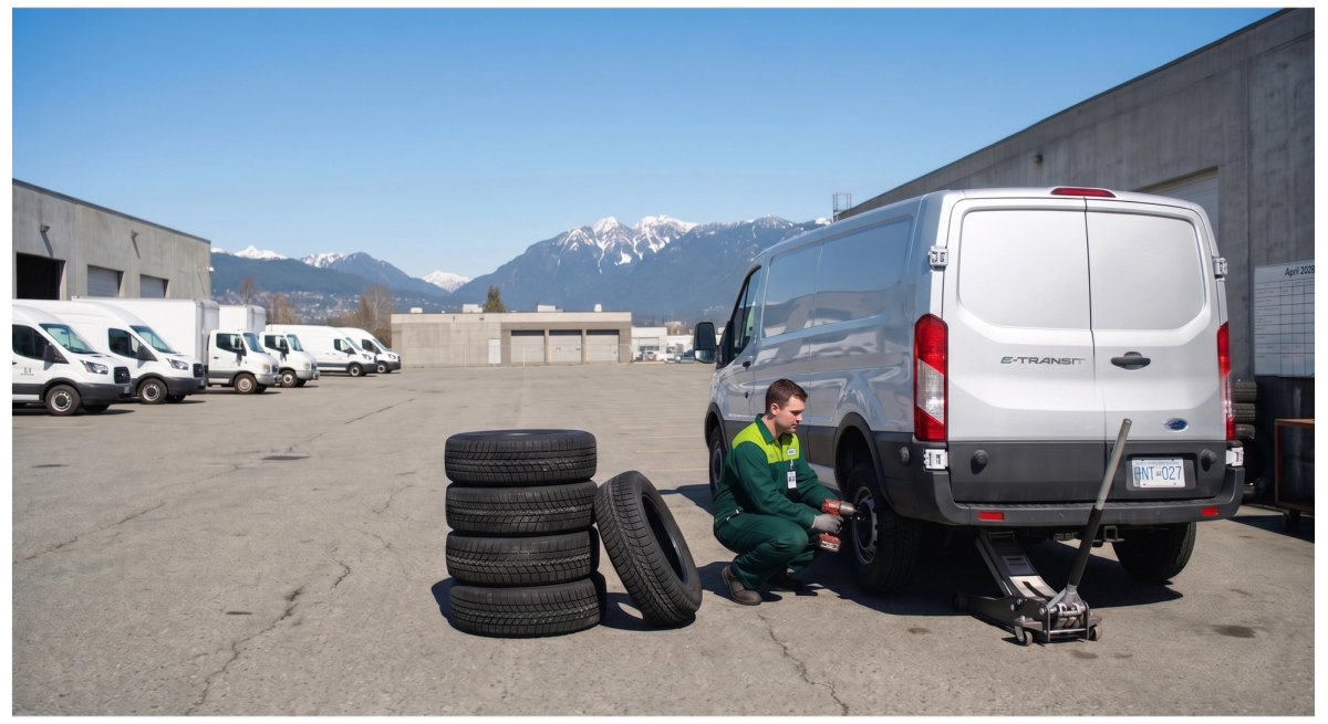 Professional technician performing a tire change at a service center.