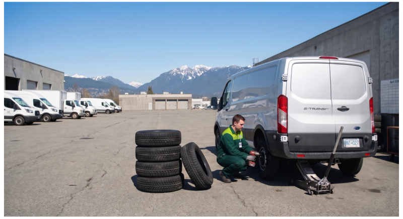 Professional technician performing a tire change at a service center.