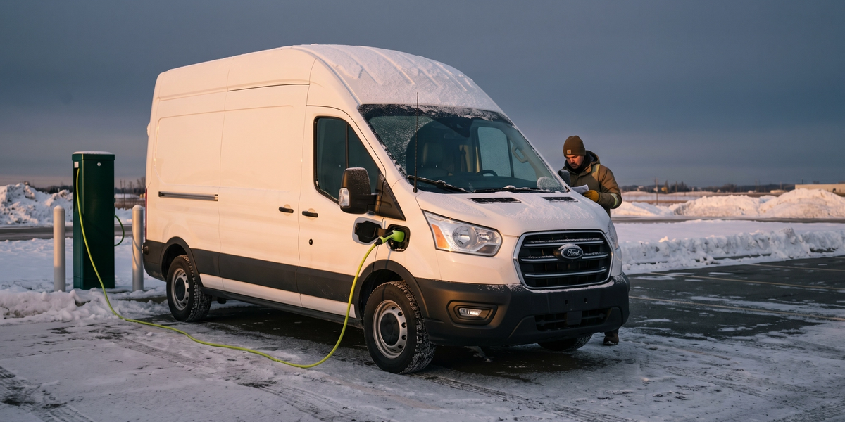 Electric cargo van charging in winter.