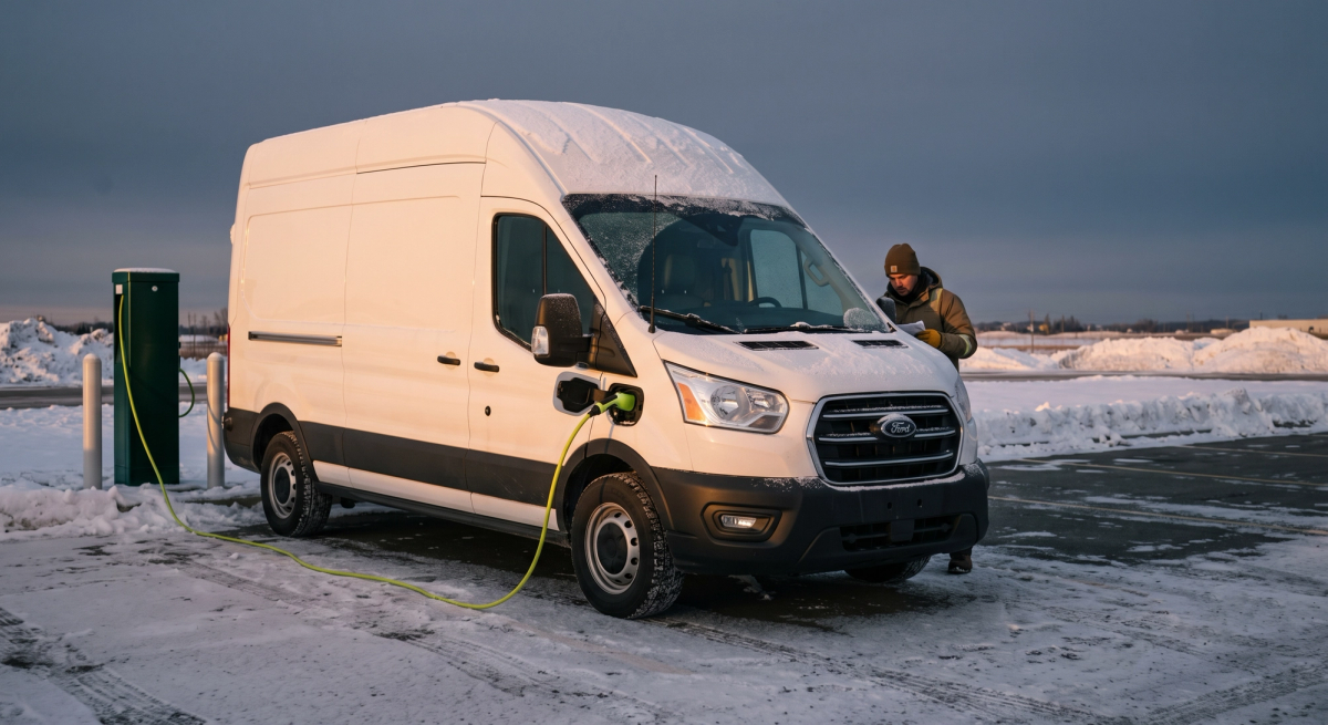 Electric cargo van charging in winter.