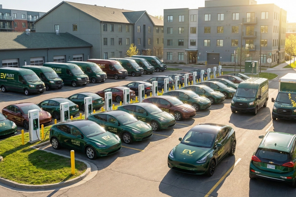 A fleet of electric vehicles is charged and ready for deployment in Canada.