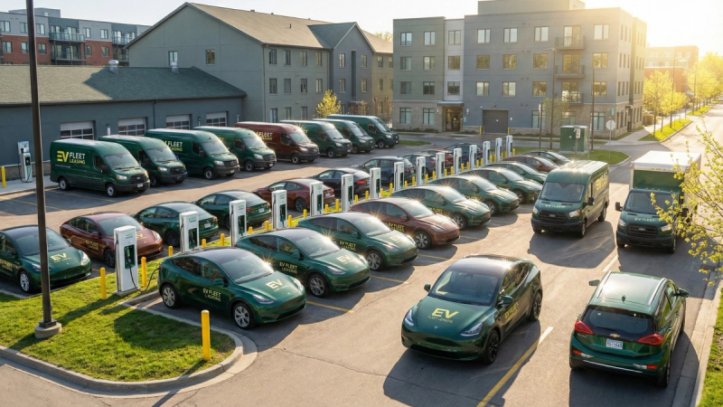 A fleet of electric vehicles is charged and ready for deployment in Canada.