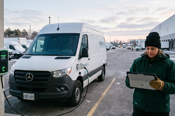 Fleet manager checking EV charging data at a commercial depot, Mercedes eSprinter on Level 2 charger.