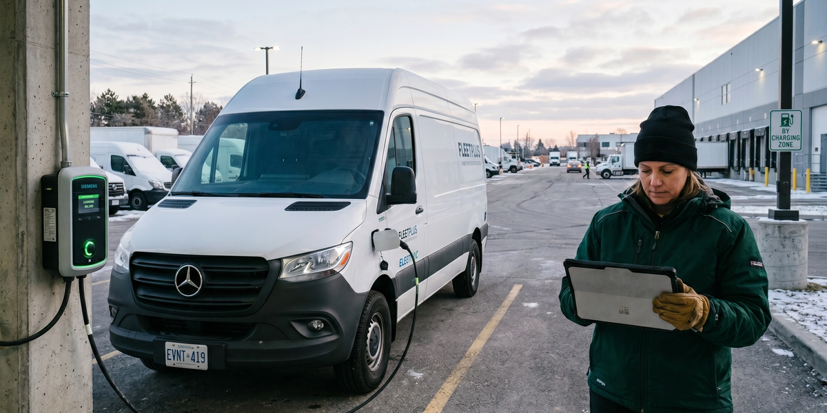 Fleet manager checking EV charging data at a commercial depot, Mercedes eSprinter on Level 2 charger.